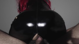 I ride him in reverse in my latex suit, but my pussy is too tight and he can’t resist