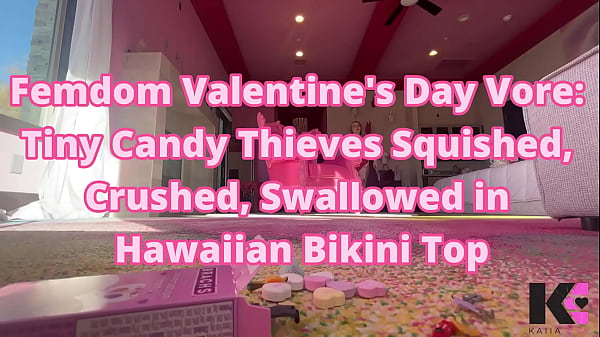 Femdom Valentine’s Day Vore: Tiny Candy Thieves Squished, Crushed, Swallowed in Hawaiian Bikini Top